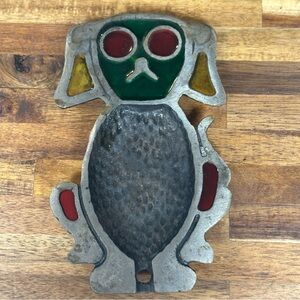 Rare Vintage Cast Iron Dog? with Stained glass Ashtray Trinket Tray 6”